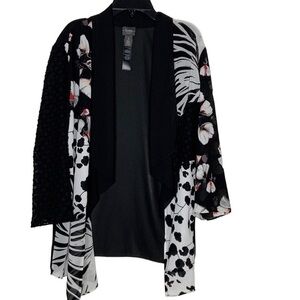 Travelers Collection by Chico’s- black cardigan with floral and sheer sleeves.